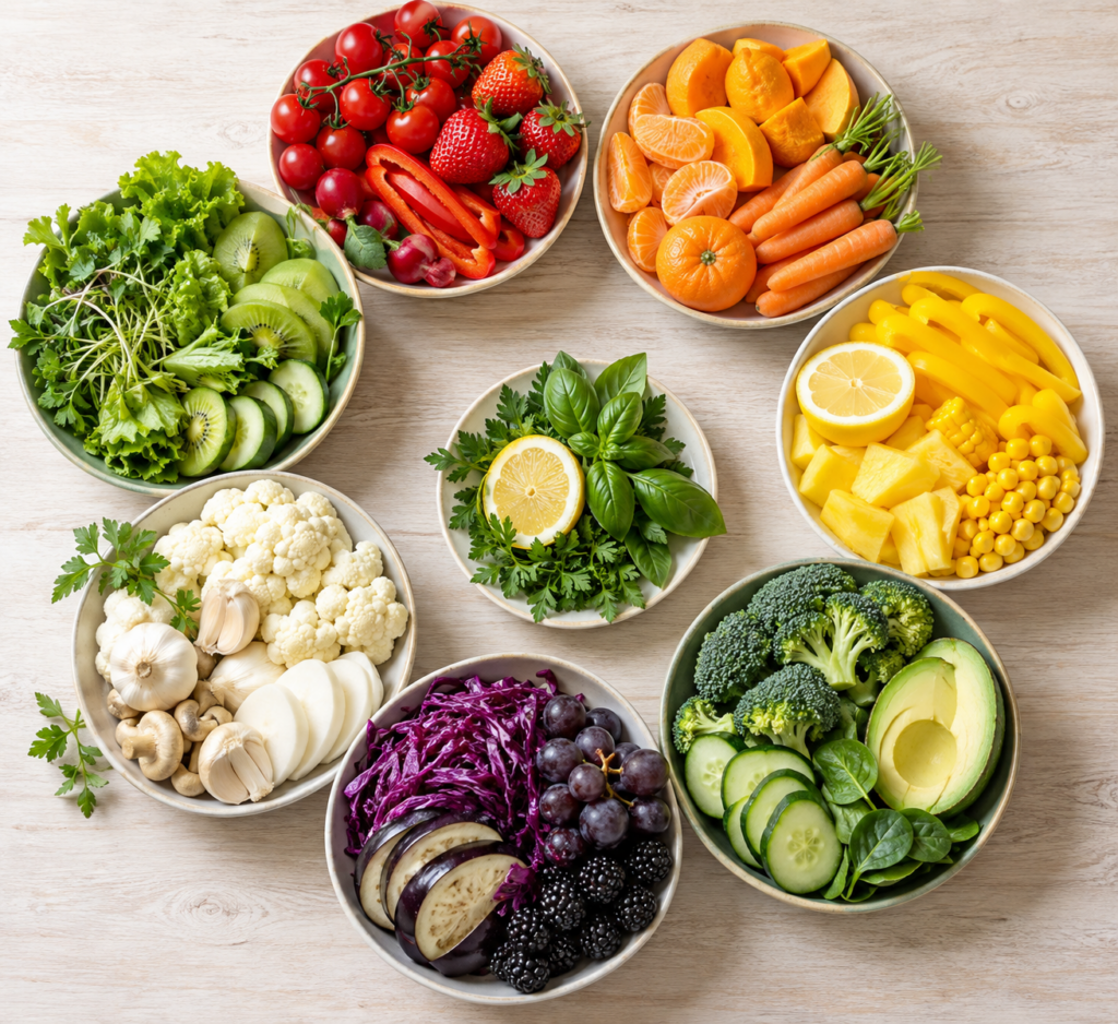 Alt: Продукты разных цветов: овощи, фрукты и ягоды на кухонном столе.