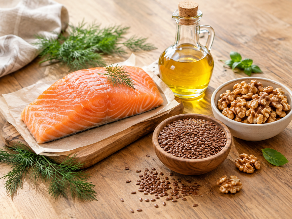 Alt: Продукты с омега 3 в рационе: лосось, орехи, семена и растительное масло